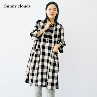 Sunny clouds Shuttle Notes日本面料 女式麻棉黑白格连衣裙