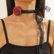 复古夸张酒红黑白色玫瑰花朵项链晚宴系带choker颈带束颈链