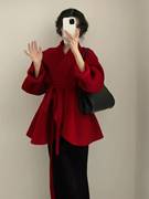 2023年韩系小个子赫本风，红色短款羊毛，呢子大衣外套女新年战袍