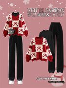红色新年格子针织毛衣女冬季2023慵懒风设计感打底衫搭休闲裤