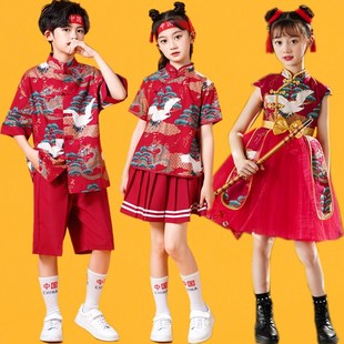 六一大班开场舞中国范红色(范红色，)蓬蓬裙幼儿，园中国风演出儿童古筝合唱服