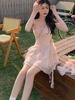 rosellaa樱岛恋序温柔甜美小个子，收腰显瘦连衣裙+淡粉色开衫套装