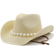 草编西部牛仔草帽男女户外沙滩帽珍珠链条太阳帽大沿遮阳帽子