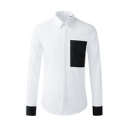 欧美潮牌男装袖口黑白拼色口袋拉链长袖衬衫商务时尚休闲修身衬衣