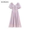 gcrues小个子 法式V领灯笼袖短袖连衣裙女夏季收腰褶皱中长款裙子