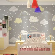 北欧简约粉色云朵儿童房壁画女孩房间墙纸公主房卧室床头壁纸墙布