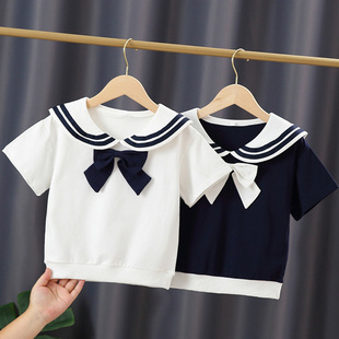 女童海军风T恤2023儿童洋气短袖洋气翻领上衣网红中大童夏装