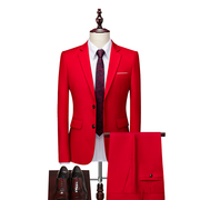 西服套装男式两件套韩版修身学生商务新郎伴郎大红色裤子