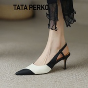tataperko联名女鞋女鞋尖头，浅口包头凉鞋女黑白，拼色细跟后空单鞋