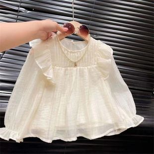 巴拉巴柆韩系女童衬衫公主风纯棉儿童纯色蕾丝花边领娃娃衫衬