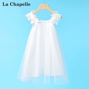 拉夏贝尔女童连衣裙女孩，夏季白色纱裙，2024女大童吊带公主裙子