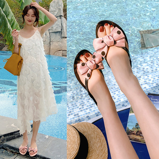 韩版人字拖鞋女外穿时尚，夏季平底ins潮蝴蝶结，沙滩凉拖果冻鞋