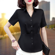 黑色雪纺衬衫女短袖2024夏装收腰显瘦衬衣，气质通勤职业装工作上衣