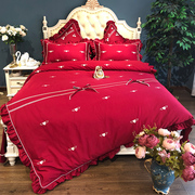 贡缎长绒棉四件套刺绣大红婚庆床上用品床单床裙六件套1.8m2.0.
