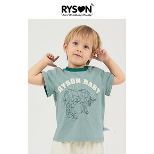 ryson童装春夏男女童绿色，几何公牛图案，印花立体字母时尚短袖t恤潮