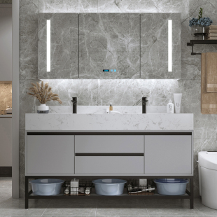 现代简约双盆岩板一体浴室柜组合落地式洗脸洗手池洗漱台盆卫