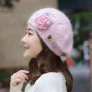 贝雷帽女秋冬季蕾丝刺绣粉色花朵兔毛毛线针织画家帽日系八角帽子