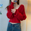 假两件针织衫上衣女秋季韩版2022年设计感v领泡泡袖长袖毛衣
