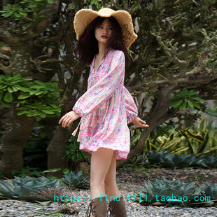 新增6色Free高定 SP粉色波西米亚风复古棉质印花度假连衣裙