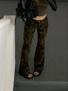 大码美式y2k辣妹迷彩工装牛仔裤女设计感口袋微喇叭嘻哈直筒长裤