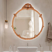 卧室法式壁挂智能梳妆镜带灯欧式复古圆形雕花，卫生间浴室化妆镜大