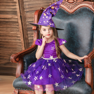 万圣节服装儿童礼服裙cosplay女童，带帽子巫婆，星星裙女巫演出服