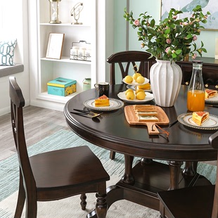 美式轻奢简约全实木圆餐桌椅组合圆形大饭桌子欧式餐厅家用餐台