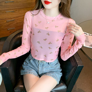 夏季时尚T恤洋气设计感粉色小熊印花圆领长袖短款网纱防晒衣