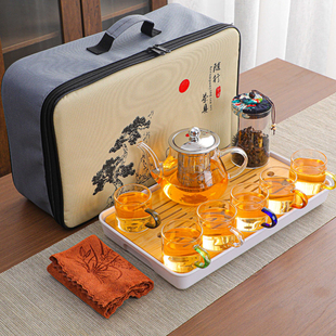 便携式旅行耐高温玻璃功夫茶具，家用茶盘套装户外茶具，车载茶壶