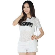 夏季女款白色短衫短袖，甜辣圆领数字，字母纯色蕾丝t恤