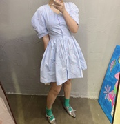 ！韩国东大门2023夏季女装v领蓝色刺绣短袖短款连衣裙子