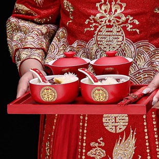 新婚改口敬茶杯结婚用品喜碗喜筷对碗套装，婚庆婚礼喜庆红色喜茶杯