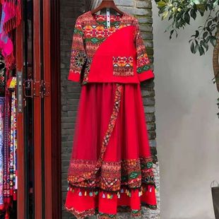 中国风女装春秋丽江云南服装女民族，风棉麻两件套红色舞蹈套装裙子