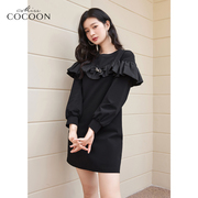 MISSCOCOON黑色针织连衣裙女2024春季长袖复古荷叶边设计短裙
