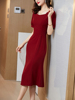 雪纺连衣裙夏季短袖修身气质，红色礼服长裙，宴会礼服显瘦鱼尾裙