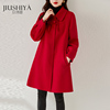 玖诗娅红色中式国风毛呢大衣女时尚羊毛高级感复古气质零羊绒外套