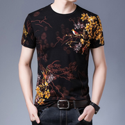 中国风夏季时尚潮流男士花式短袖T恤衫 创意小鸟图案全身印花半袖