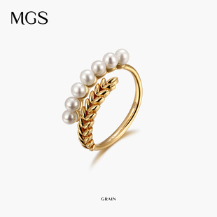 mgs曼古银麦穗系列925银镀18k金设计(金设计)高级感复古珍珠戒指女开口戒