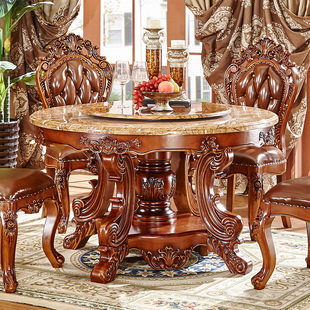 欧式全实木餐桌椅，组合大理石面圆桌，1.8米大圆桌餐厅吃饭桌子
