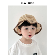 韩版婴儿渔夫帽子夏季透气镂空网眼宝宝遮阳帽纯色男女童宝宝草帽