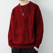红色毛衣男个性几何提花针织衫，潮牌圆领秋冬季加厚款保暖打底线衫