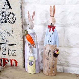 复古做旧仿木雕 树脂摆件家居工艺品 创意情侣兔摆件 E20
