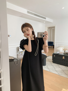 陈格格(陈格格)低卡冷萃~又见时髦设计感泡泡袖黑色短袖连衣裙夏装女
