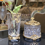 现代奢华水晶玻璃镶铜首饰盒 客厅茶几样板房果盘花瓶配铜摆件