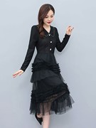 初秋长袖连衣裙女秋季2022收腰显瘦气质，设计感黑色网纱裙子潮