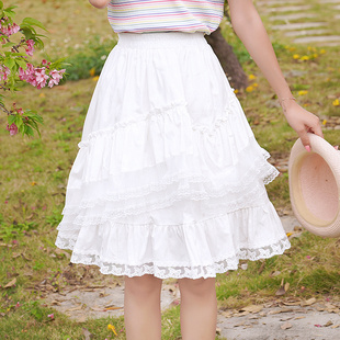 ATAR2023女夏季松腰紧蕾丝荷叶花边半身裙子 白色拼接中裙