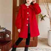 女童毛呢外套秋冬装，2022娃娃领大红色，冬季儿童中长款呢子大衣