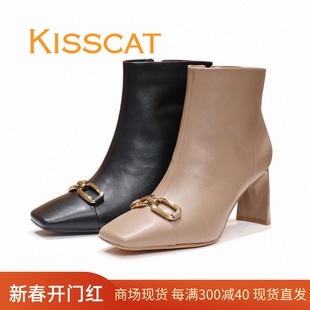 kisscat接吻猫2023冬粗跟侧拉链，方头高跟女短靴子ka43526-11