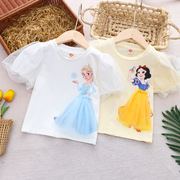 女童夏季泡泡袖T恤儿童爱莎公主印花短袖上衣宝宝甜美夏装3岁