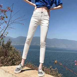 白色牛仔裤女夏季薄款高腰弹力修身显瘦小个子浅色九分铅笔小脚裤